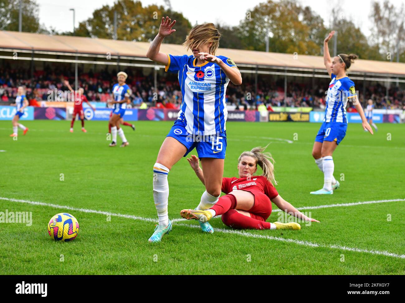 Crawley, UK. 20th Nov, 2022. Melissa Lawley of Liverpool catches the legs of Kayleigh Green of Brighton and Hove Albion during the FA Women's Super League match between Brighton & Hove Albion Women and Liverpool Women at The People's Pension Stadium on November 20th 2022 in Crawley, United Kingdom. (Photo by Jeff Mood/phcimages.com) Credit: PHC Images/Alamy Live News Stock Photo