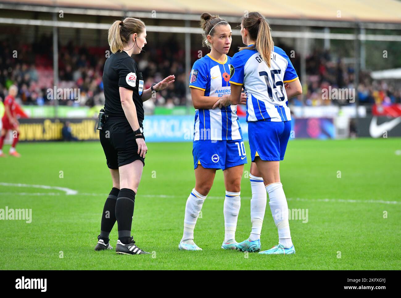 Crawley, UK. 20th Nov, 2022. Julia Zigiotti Olme of Brighton and Hove Albion calms down an irrate Kayleigh Green of Brighton and Hove Albion during the FA Women's Super League match between Brighton & Hove Albion Women and Liverpool Women at The People's Pension Stadium on November 20th 2022 in Crawley, United Kingdom. (Photo by Jeff Mood/phcimages.com) Credit: PHC Images/Alamy Live News Stock Photo