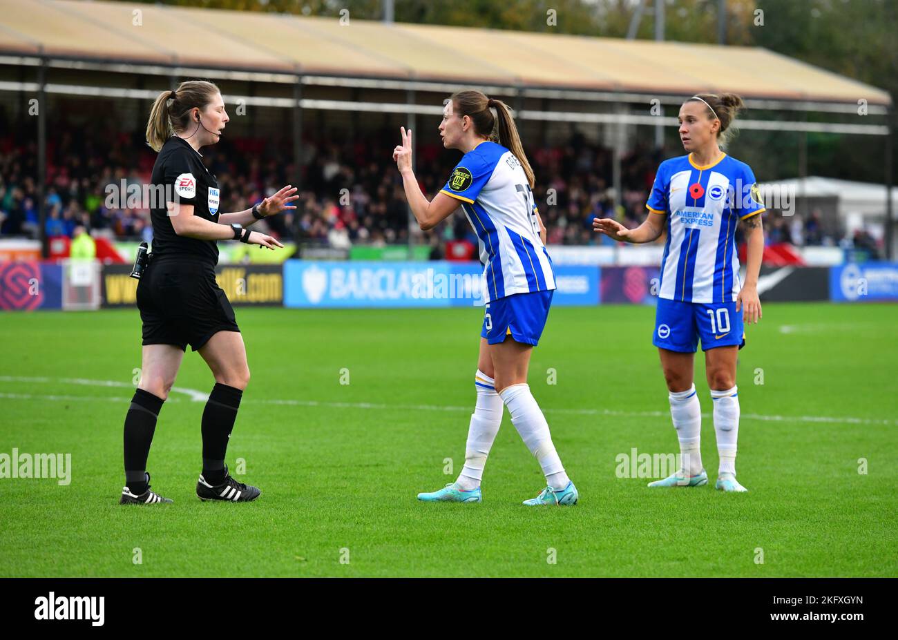 Crawley, UK. 20th Nov, 2022. Kayleigh Green of Brighton and Hove Albion complains to the referee about the number of fouls against her during the FA Women's Super League match between Brighton & Hove Albion Women and Liverpool Women at The People's Pension Stadium on November 20th 2022 in Crawley, United Kingdom. (Photo by Jeff Mood/phcimages.com) Credit: PHC Images/Alamy Live News Stock Photo