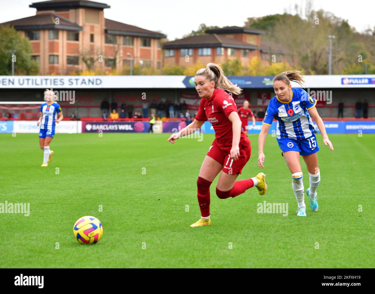 Crawley, UK. 20th Nov, 2022. Melissa Lawley of Liverpool being chased down by Kayleigh Green of Brighton and Hove Albion during the FA Women's Super League match between Brighton & Hove Albion Women and Liverpool Women at The People's Pension Stadium on November 20th 2022 in Crawley, United Kingdom. (Photo by Jeff Mood/phcimages.com) Credit: PHC Images/Alamy Live News Stock Photo