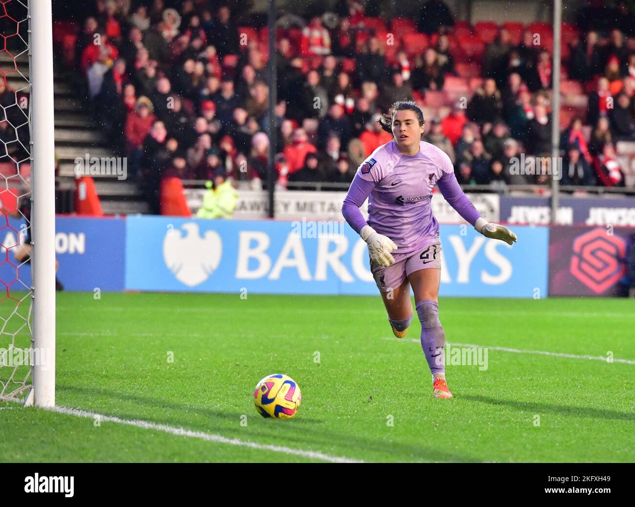 Crawley, UK. 20th Nov, 2022. Eartha Cumings Goalkeeper of Liverpool sees the ball go safely past her post during the FA Women's Super League match between Brighton & Hove Albion Women and Liverpool Women at The People's Pension Stadium on November 20th 2022 in Crawley, United Kingdom. (Photo by Jeff Mood/phcimages.com) Credit: PHC Images/Alamy Live News Stock Photo