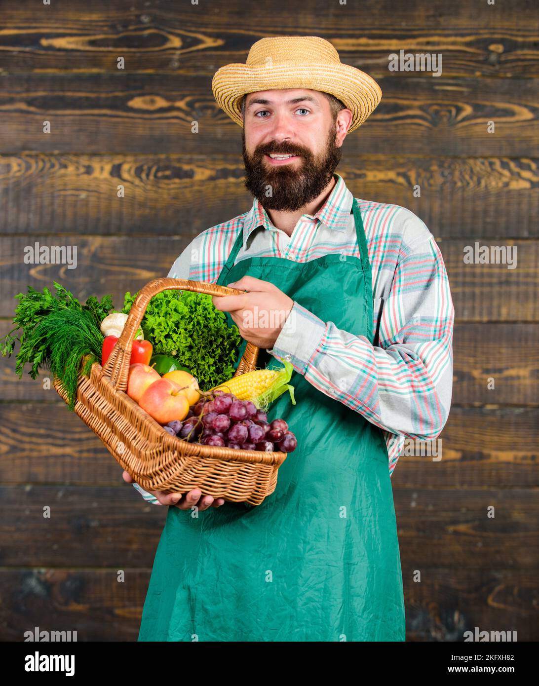 Fresh organic vegetables in wicker basket. Farmer straw hat presenting ...