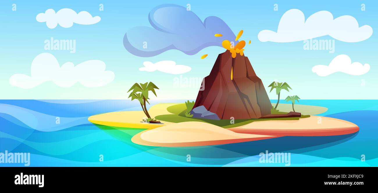 Volcano eruption with hot lava and black smoke clouds. Tropical island with active mountain smoking crater, liquid magma, palm trees and sand beach. Ocean landscape vector cartoon illustration. Stock Vector