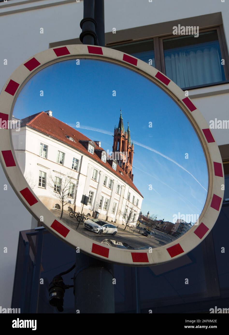 Mirror image of city center 22.11.2022 Bialystok Poland. Historical building and cathedral in the city center. Stock Photo