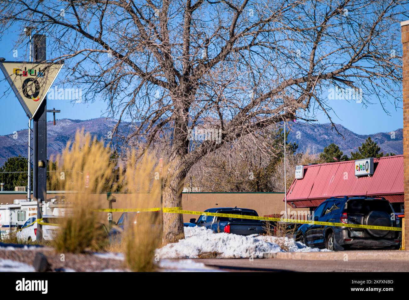 Club Q Sign (LGBTQ) Nightclub Mass Shooting in Colorado Springs, CO - Taken Morning of November 20th, 2022 Stock Photo