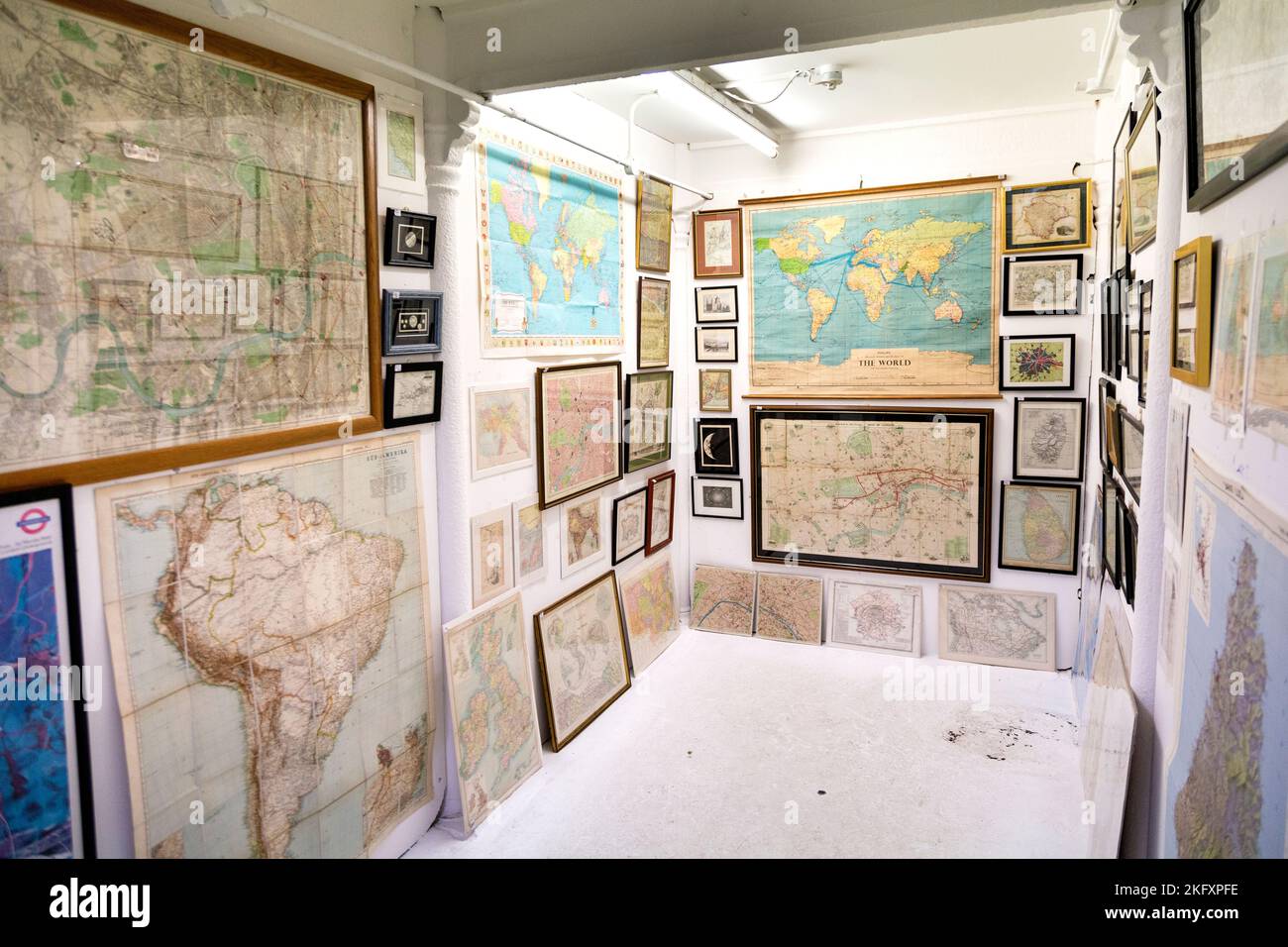 Vinagte map shop at The Tea Rooms indoor vintage, furniture, collectables and antiques market in Brick Lane, East London, UK Stock Photo