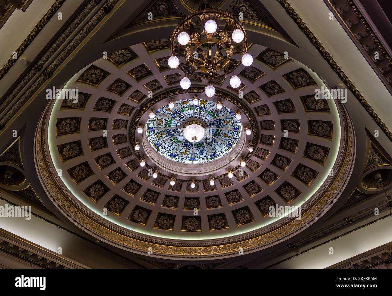 Domed ornate ceiling and lights in City Chambers council room, Edinburgh, Scotland, UK Stock Photo