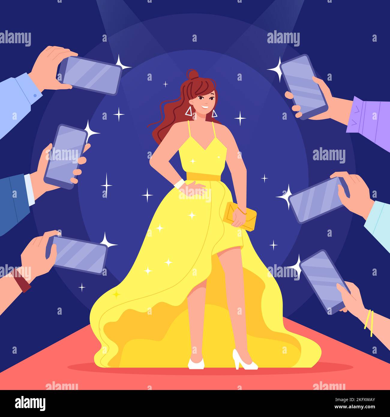 Famous woman in camera smartphones. Celebrity model or success actress on carpet catwalk posing for phone photographers, smile diva girl at journalist interview vector illustration of woman smartphone Stock Vector
