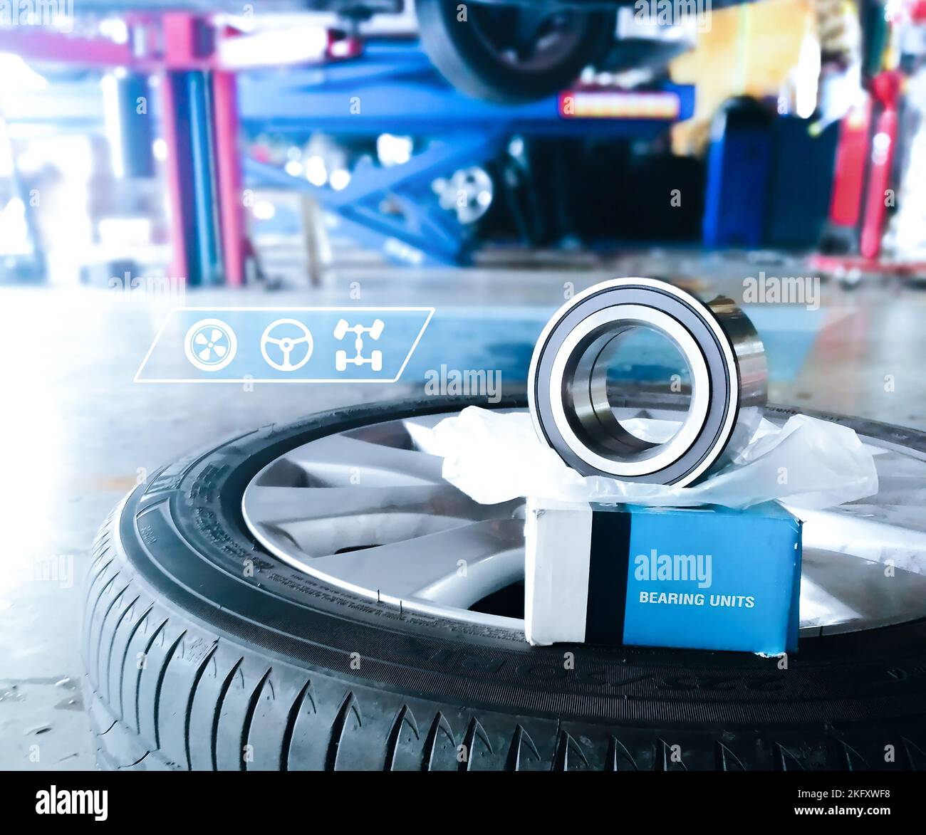 Car bearing unit on the wheel in the auto repair shop with a auto