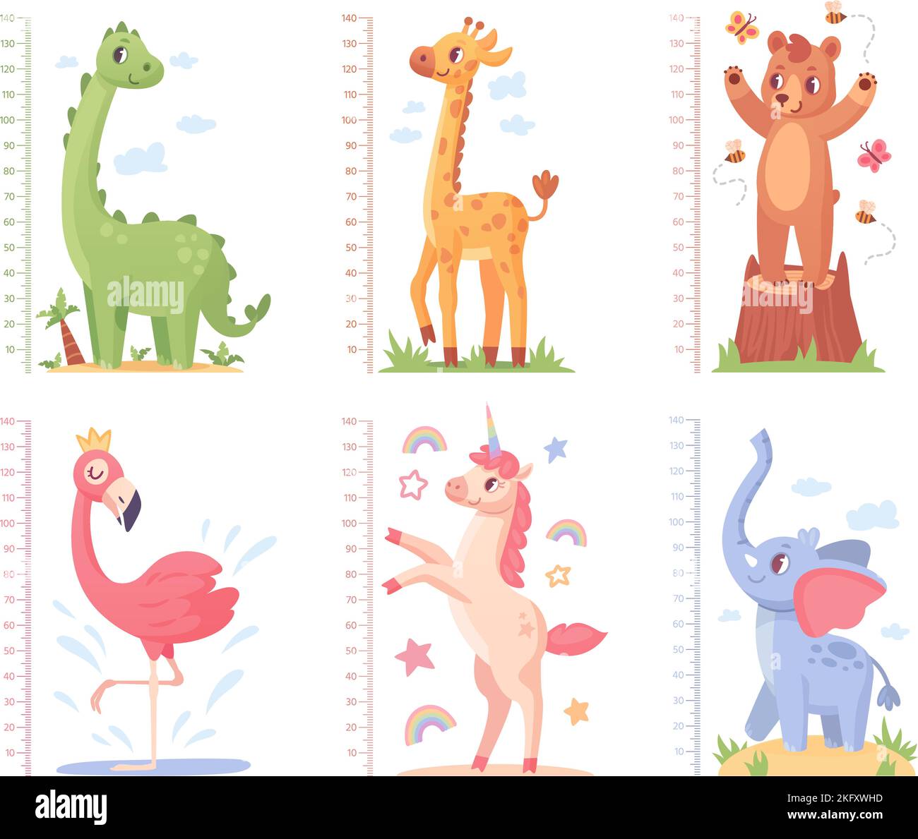 Animal growth rulers. Baby kid height measure short or tall meter