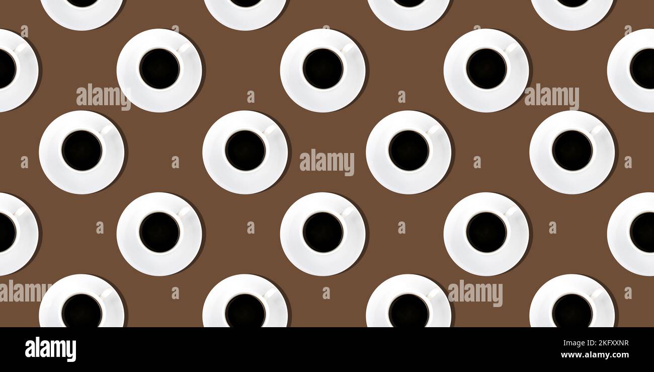 Cups of black coffee on mocha brown background. Contemporary still life, top view. Seamless pattern Stock Photo