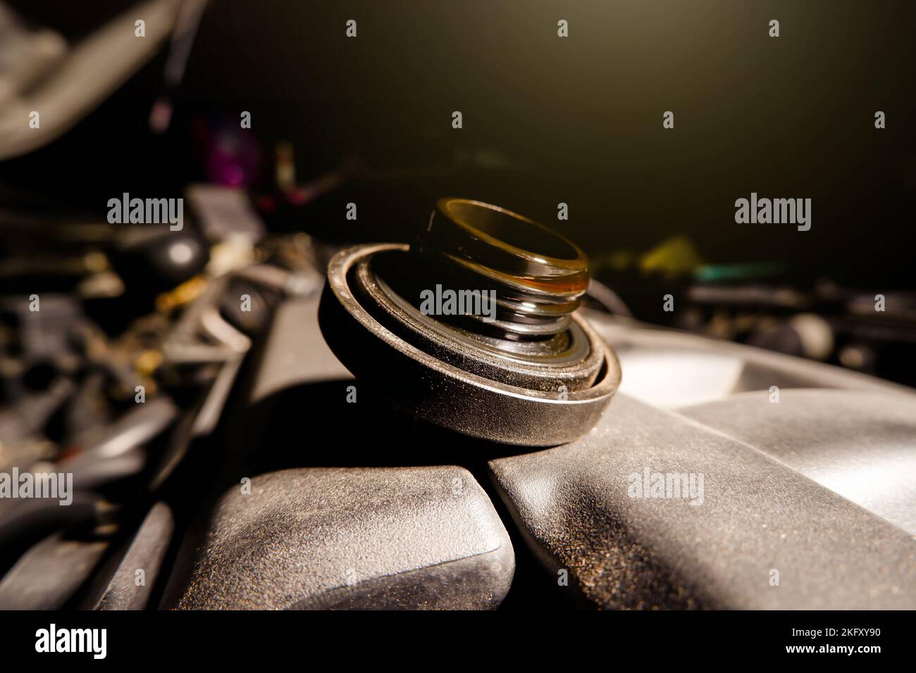 Motor oil cap on the engine cover of the car engine Stock Photo Alamy