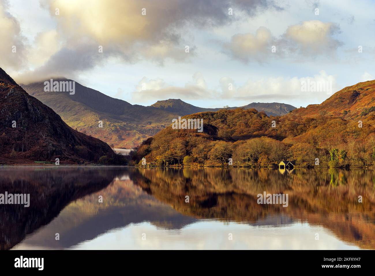 Llyn Dinas is a small lake to the north of Beddgelert in the heart of the Snowdonia national park Stock Photo