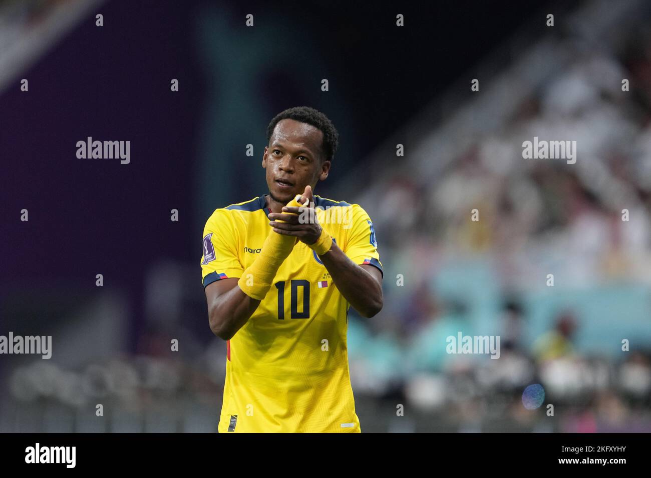 Al Khor, Qatar. 20th Nov, 2022. Romario Ibarra of Ecuador claps during the Group A match between Qatar and Ecuador at the 2022 FIFA World Cup at Al Bayt Stadium in Al Khor, Qatar, Nov. 20, 2022. Credit: Zheng Huansong/Xinhua/Alamy Live News Stock Photo