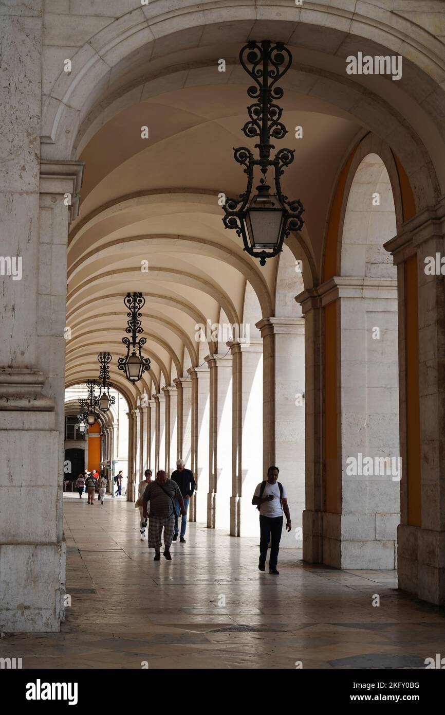 Lisbon, Portugal - September 2022: Passageway of The Supreme Court in Lisbon (Supremo Tribunal de Justica), with arches forming a vanishing point in a Stock Photo