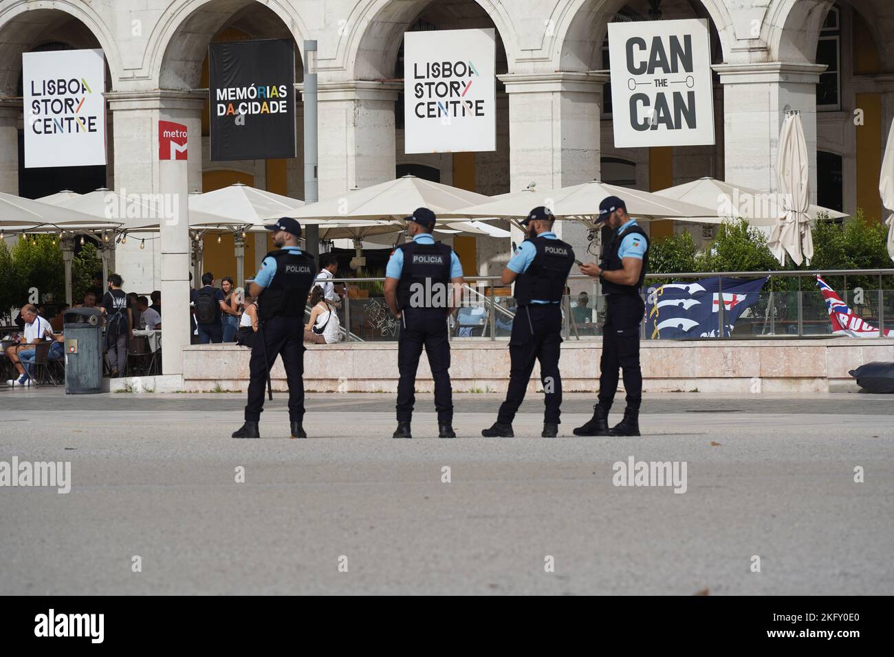 Lisbon, Portugal - September 2022: Policemen (policia) at the Commerze Plaza (Praca do Comercio) Stock Photo