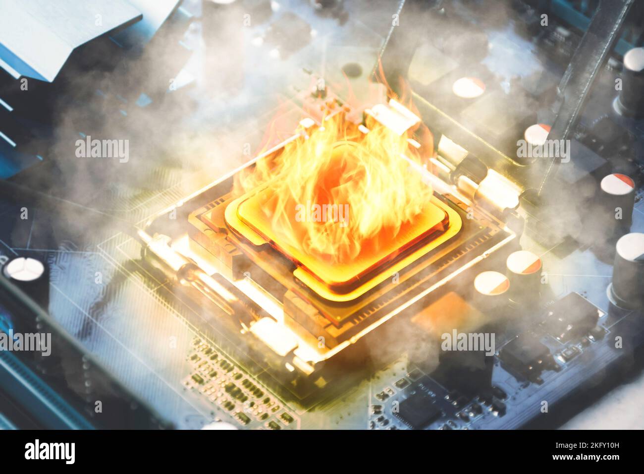 Flames ignite the computer processors on the motherboard and smoke