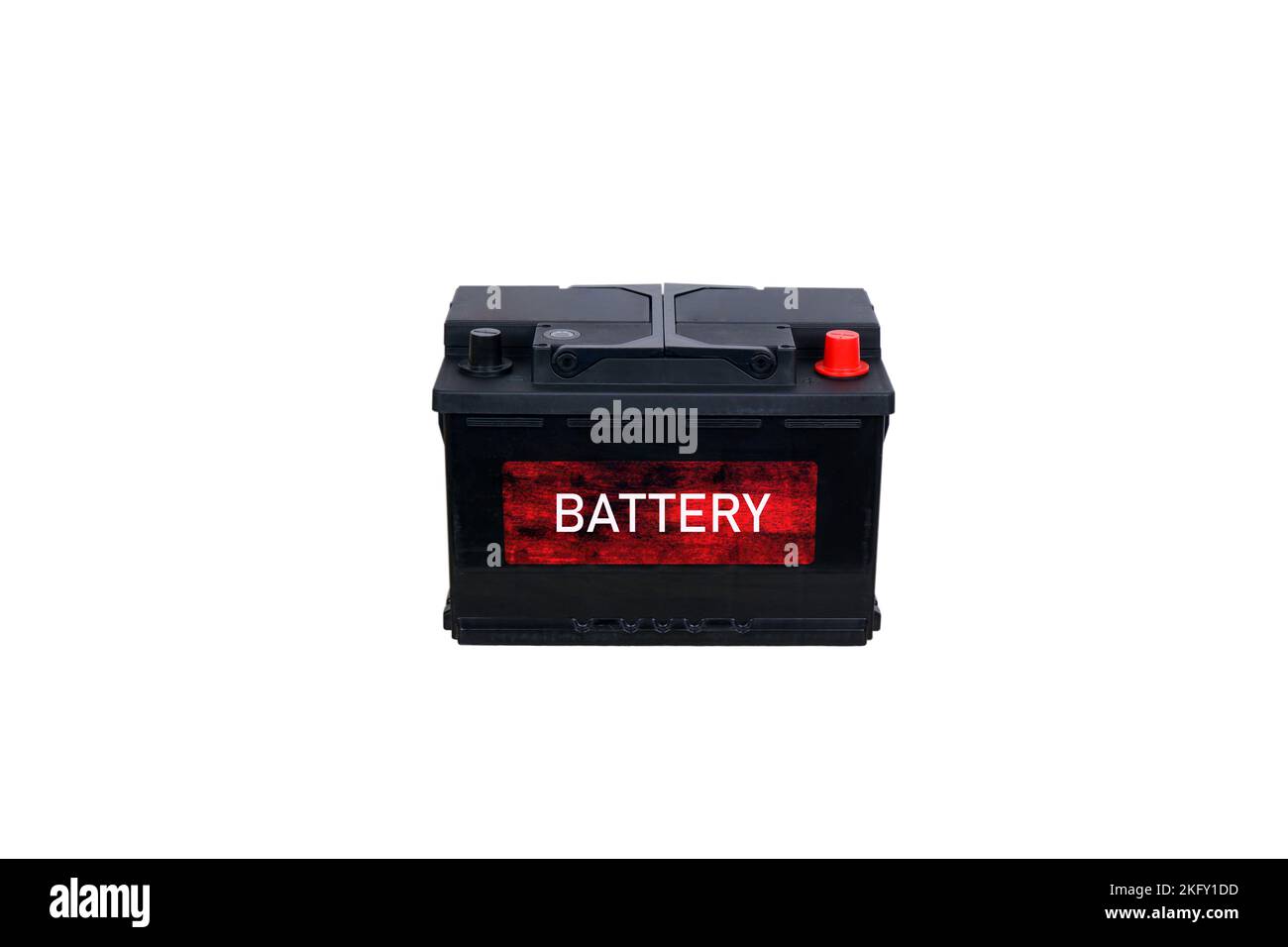 Isolated generic black battery with a red label on a white background