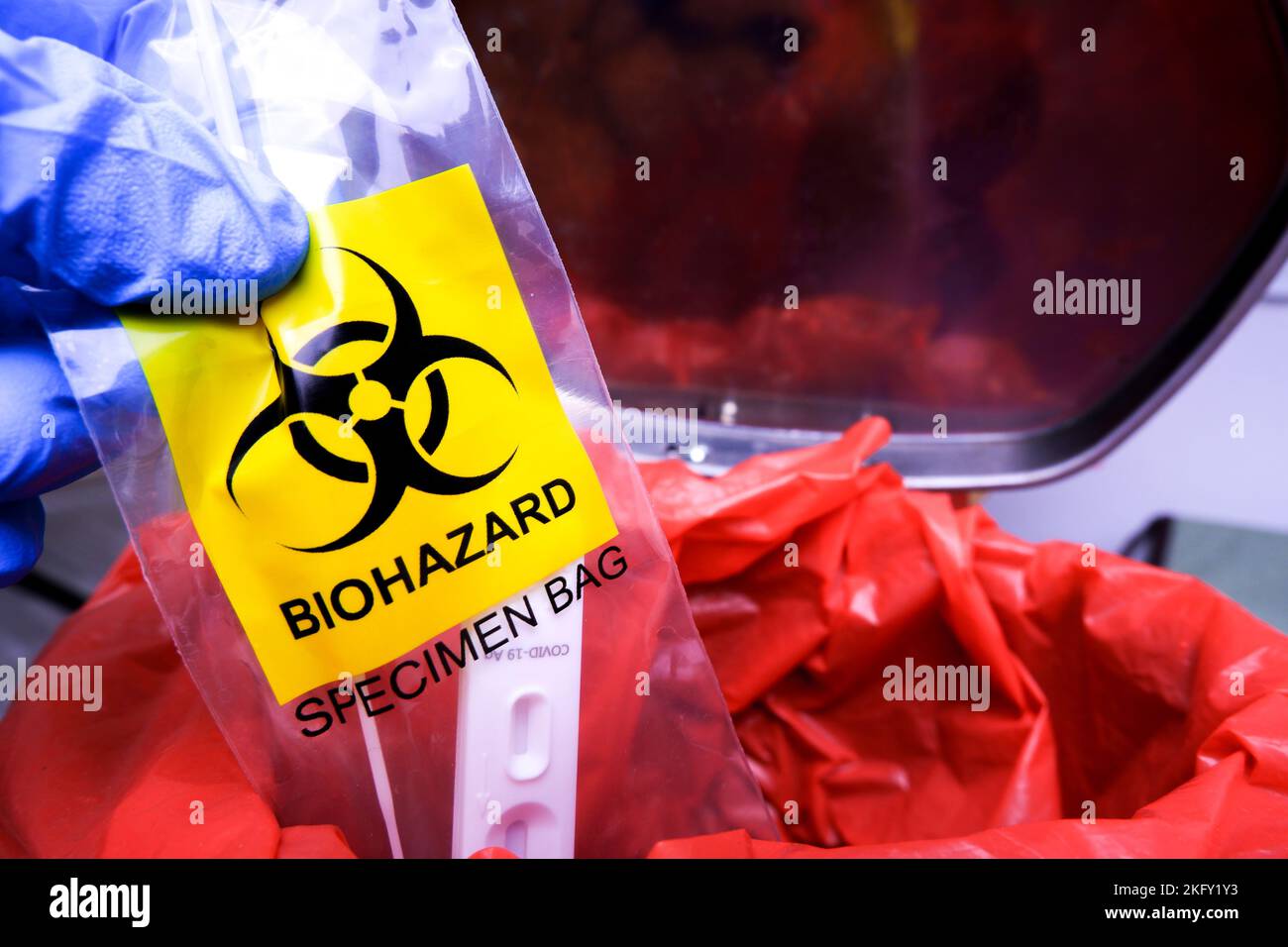 Infectious garbage is being thrown into the red infectious waste bin by the doctor hand. Stock Photo