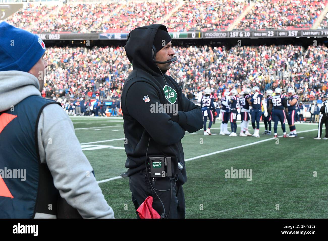 Novemebr 20, 2022: New York Jets head coach Robert Saleh watches the video display during the first half against the New England Patriots in Foxborough, Massachusetts. Eric Canha/CSM Stock Photo