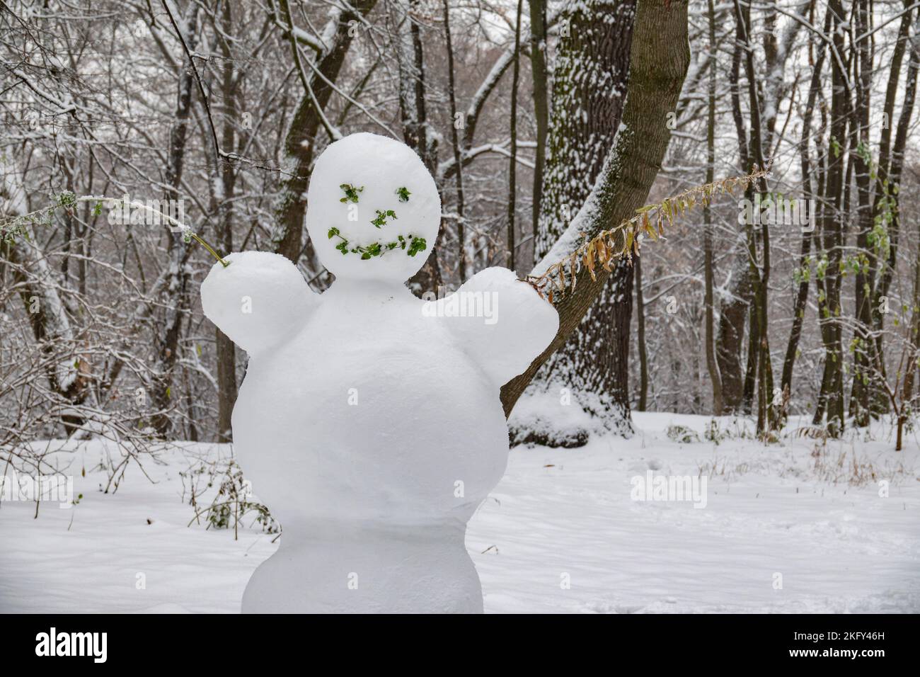 Funny snowman in the winter park. Symbol of winter season Stock Photo