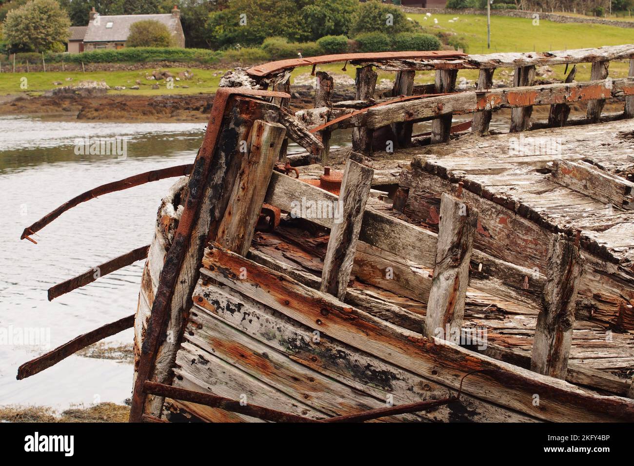 An large, old, wrecked wooden boat, in dry dock, showing the rotting