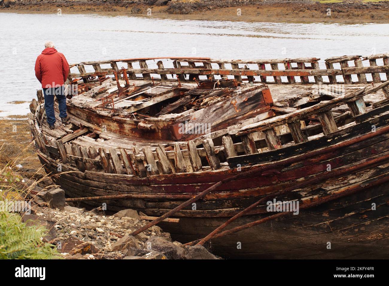 An large, old, wrecked wooden boat, in dry dock, showing the rotting
