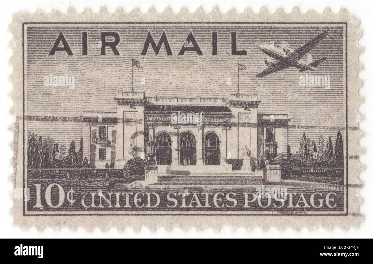 USA - 1947: An 10 cents black Air Post stamp depicting Pan American Union Building, Washington, DC. For prepayment of postage on all mailable matter sent by airmail. The Pan American Union Building is the headquarters for the Organization of American States. It is located at 17th Street N.W. between C Street N.W. and Constitution Avenue, Northwest, Washington, D.C Stock Photo