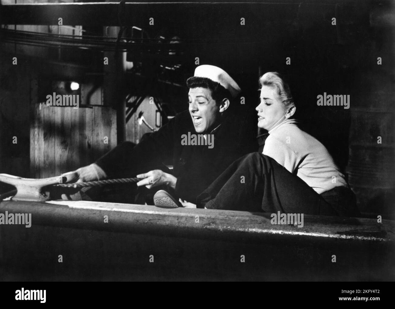 Frankie Avalon, Dolores Hart, on-set of the Film, 'Sail A Crooked Ship', Columbia Pictures, 1961 Stock Photo