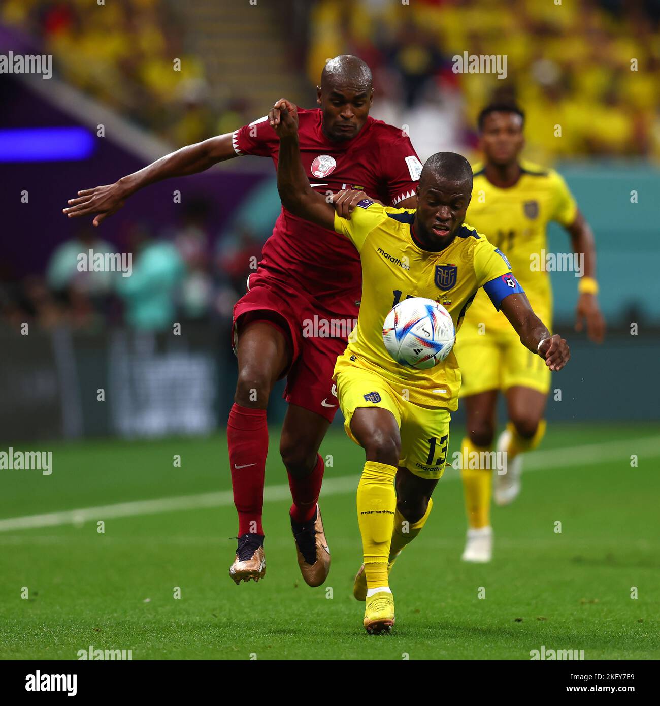 Doha, Qatar. 20th Nov, 2022. Abdelkarim Hassan (L) of Qatar in action with Enner Valencia of Ecuador during the 2022 FIFA World Cup Group A match at the Al Bayt Stadium in Doha, Qatar on November 20, 2022. Photo by Chris Brunskill/UPI Credit: UPI/Alamy Live News Stock Photo