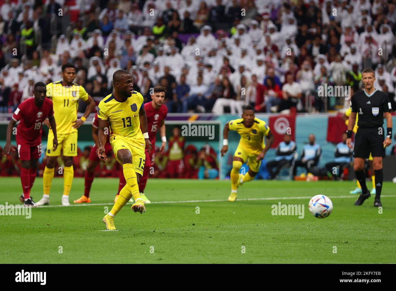 Doha, Qatar. 20th Nov, 2022. Enner Valencia of Ecuador scores the opening goal from the penalty spot during the 2022 FIFA World Cup Group A match at the Al Bayt Stadium in Doha, Qatar on November 20, 2022. Photo by Chris Brunskill/UPI Credit: UPI/Alamy Live News Stock Photo