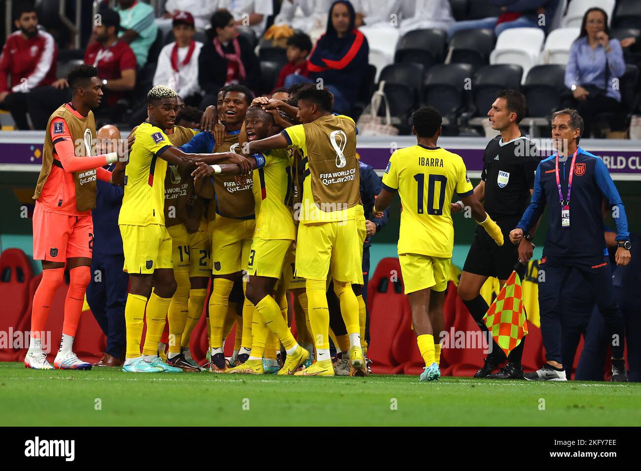 Doha, Qatar. 20th Nov, 2022. Enner Valencia of Ecuador is congratulated by his team-mates after scoring his side's second goal during the 2022 FIFA World Cup Group A match at the Al Bayt Stadium in Doha, Qatar on November 20, 2022. Photo by Chris Brunskill/UPI Credit: UPI/Alamy Live News Stock Photo