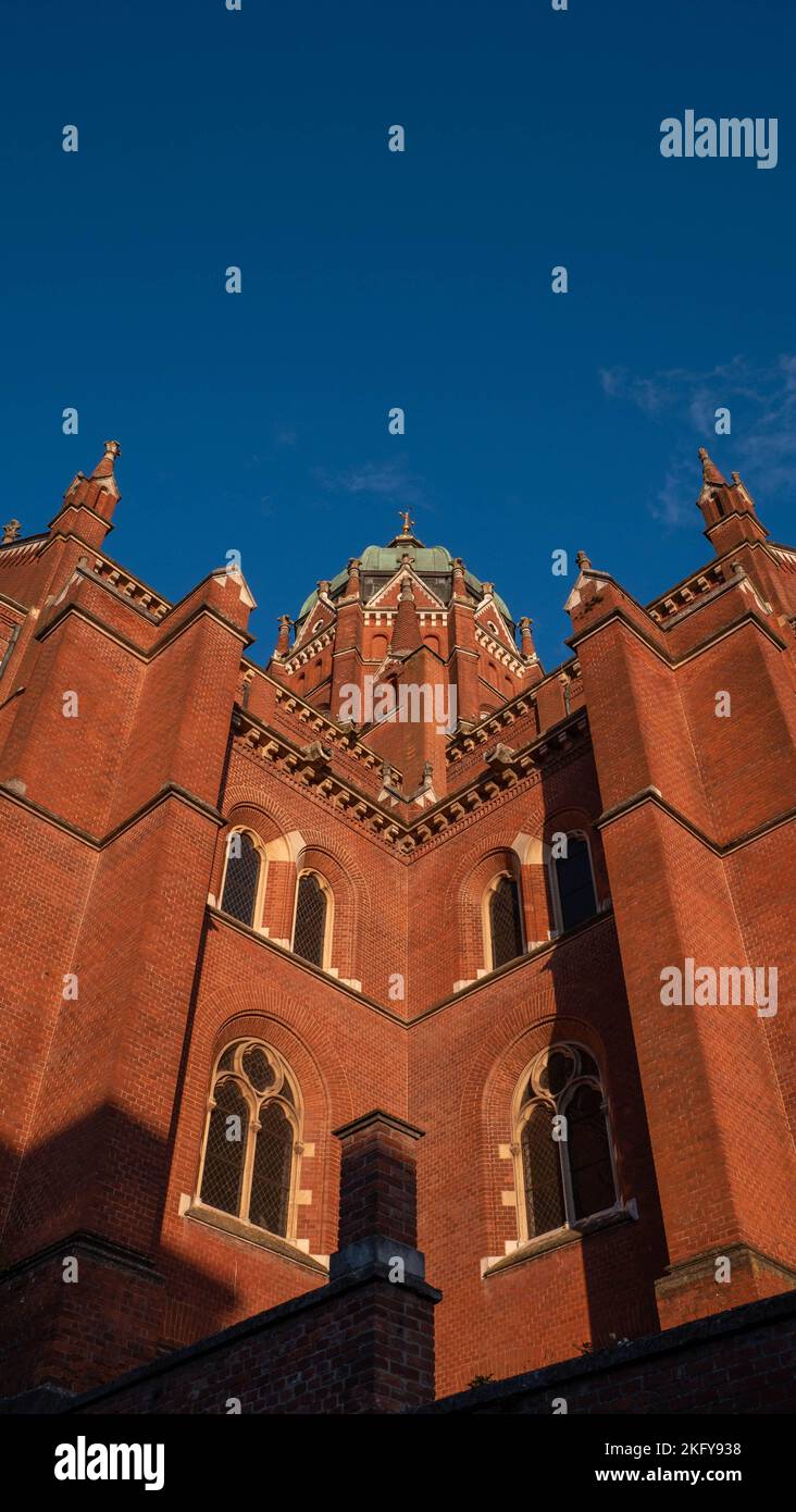 A vertical shot of St Peter's Cathedral under the blue sky in Dakovo, Croatia Stock Photo