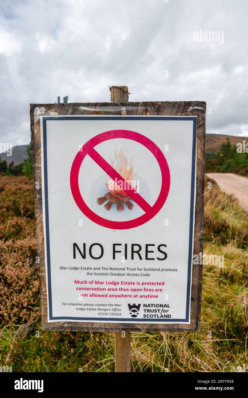 Braemar, UK- Oct 14, 2022: A no fires sign in Scotlands Cairngorms National Park supplied by the National Trust of Scotland Stock Photo