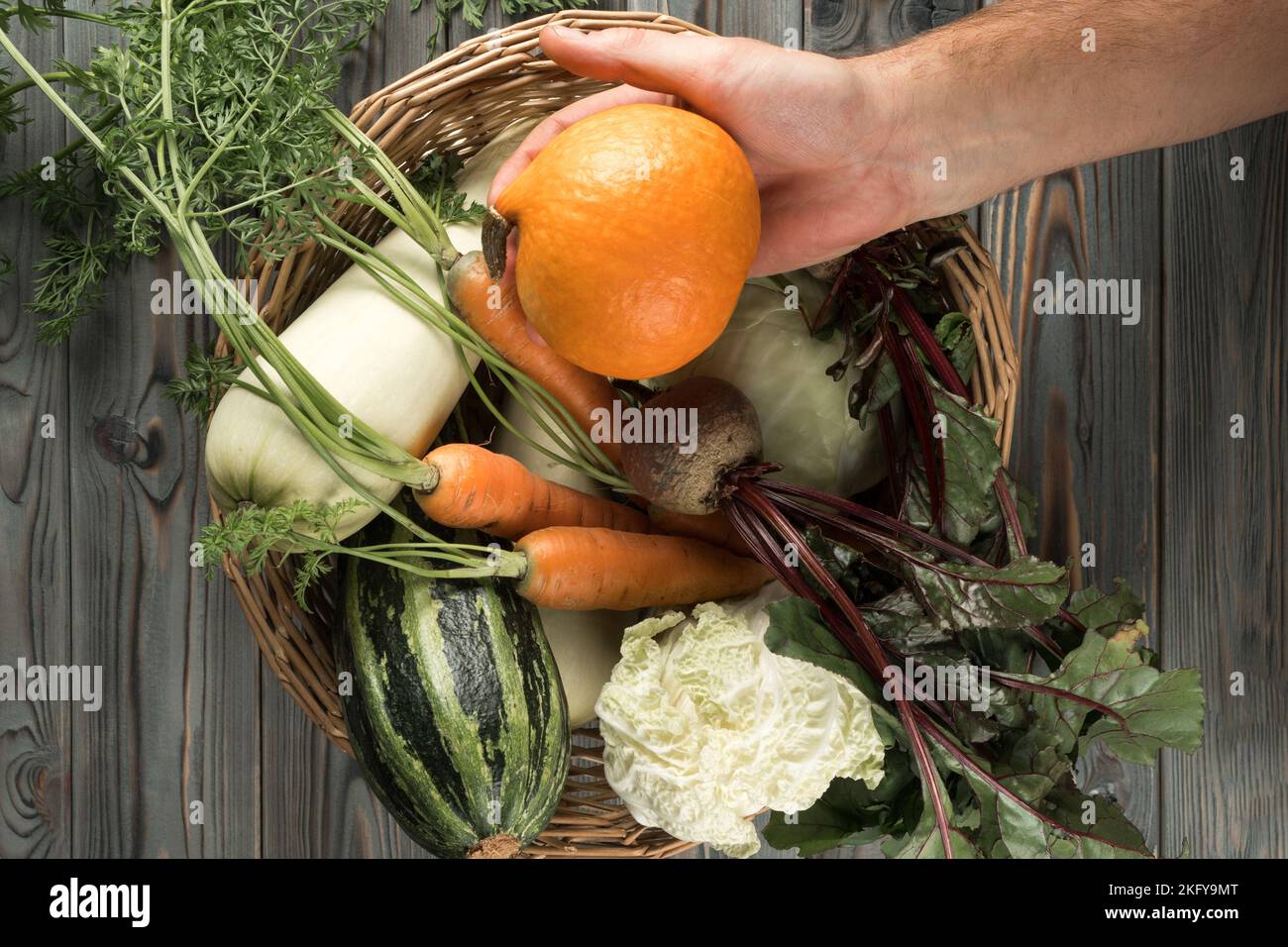 Unrecognizable cropped man hand holding little orange pumpkin against woven basket of tasty, juicy raw vegetables on wooden table. Raw food unpack Stock Photo