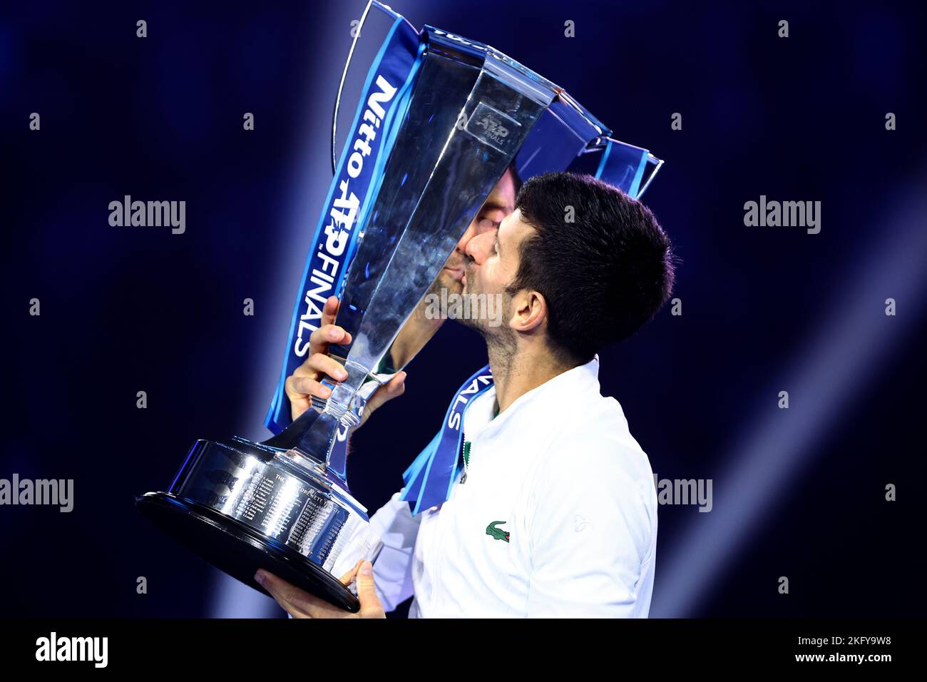 Turin, Italy. 20th Nov, 2022. Turin, Italy. 20th Nov, 2022. Novak Djokovic of Serbia celebrates with the trophy at the end of the final singles match between Novak Djokovic of Serbia and Casper Ruud of Norway during Day Eight of the Nitto ATP World Tour Finals. Credit: Marco Canoniero/Alamy Live News Credit: Marco Canoniero/Alamy Live News Stock Photo
