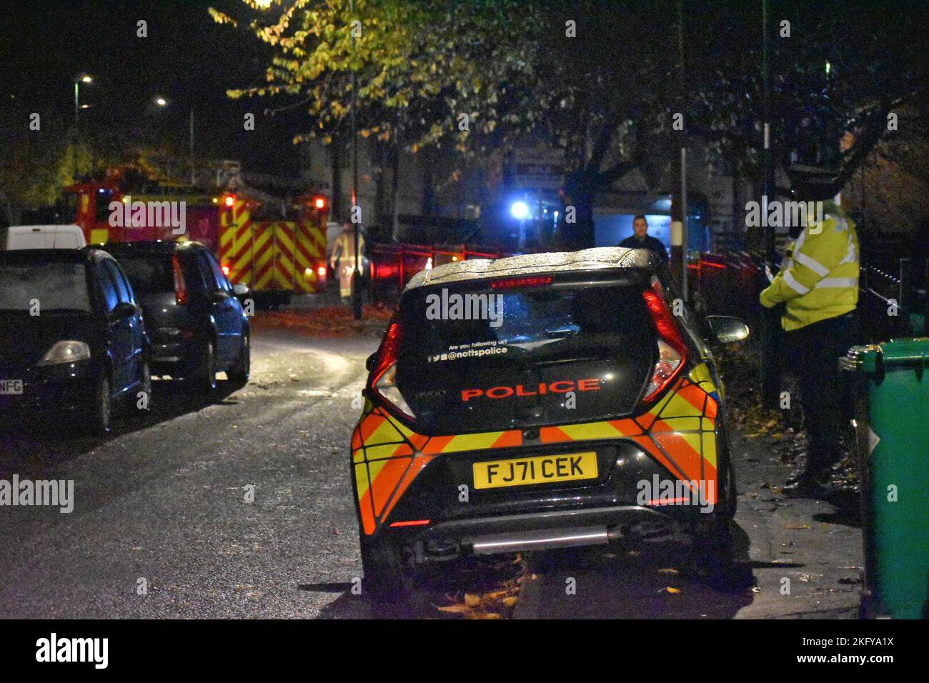 Police at the scene in Nottingham after two children died and a woman was left critically injured in a fire at a flat. Picture date: Sunday November 20, 2022. Stock Photo