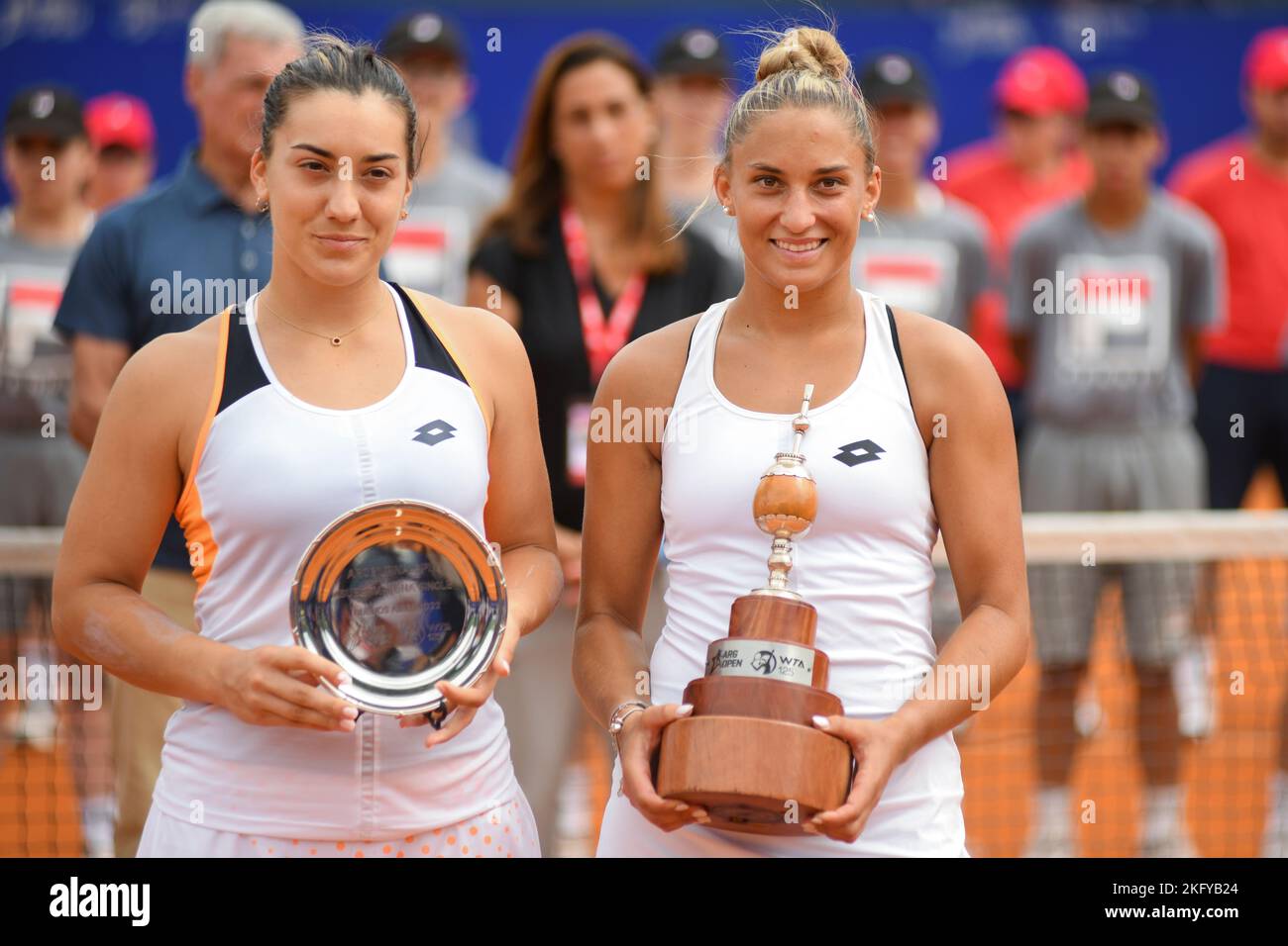 Panna Udvardy (Champion, Hungary) and Dana Kovinic (Second place, Montenegro). Argentina Open WTA 2022. Final. Stock Photo