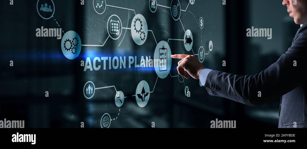 Action Plan Business Technology Strategy concept on virtual screen. Time management. Stock Photo