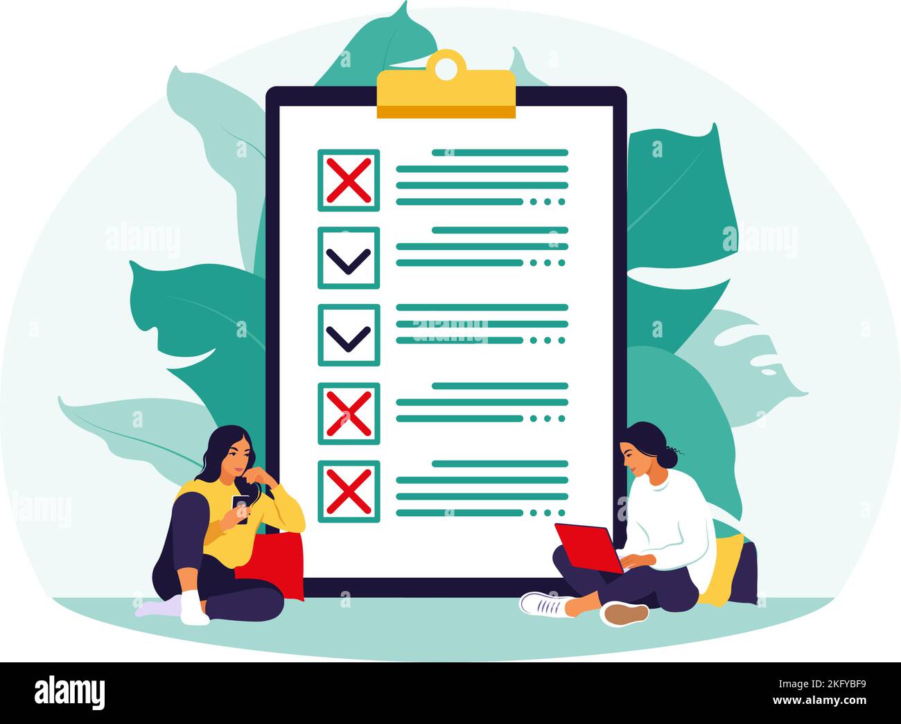 Survey of customer satisfaction. Piece of paper with ticks and crosses. Small people characters fill out a form. Vector illustration. Flat style. Stock Vector