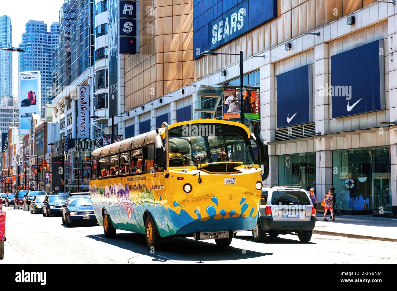 Toronto, Canada - June 6, 2011: The Hippo Tour bus, seen here on Yonge Street, was an amphibious bus that travelled on land on water for 12 years befo Stock Photo