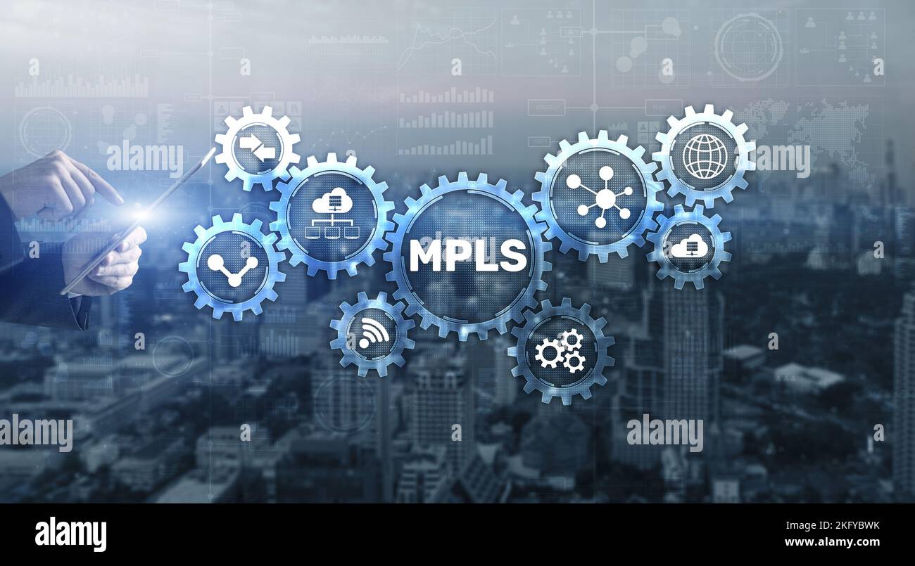 MPLS. Multiprotocol Label Switching on virtual screen. 2022. Stock Photo
