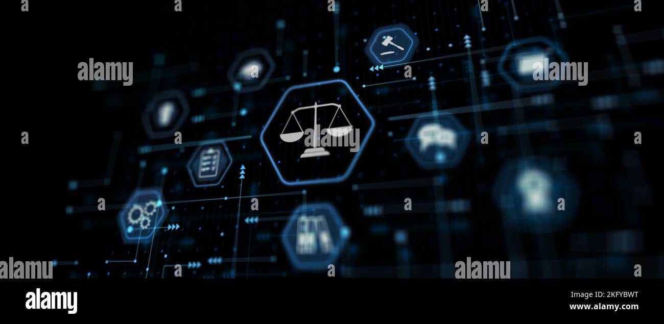 Justice and law concept. Digital technology law innovation interface network icons and modern virtual screen. Abstract background. Stock Photo