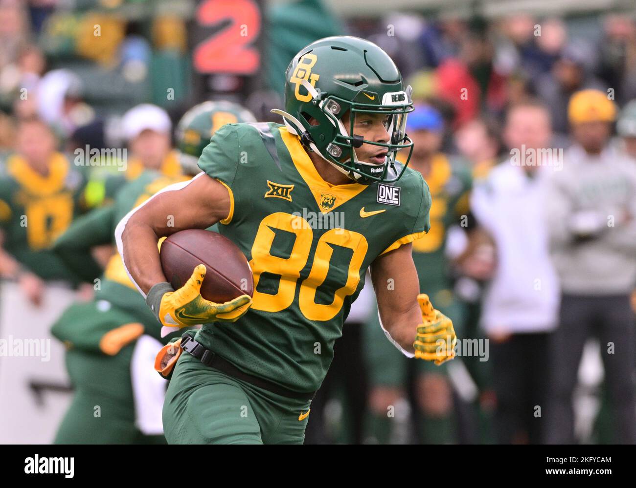 Waco, Texas, USA. 19th Nov, 2022. Baylor Bears wide receiver Monaray Baldwin (80) runs with the ball during the 1st half of the NCAA Football game between the TCU Horned Frogs and Baylor Bears at McLane Stadium in Waco, Texas. Matthew Lynch/CSM/Alamy Live News Stock Photo
