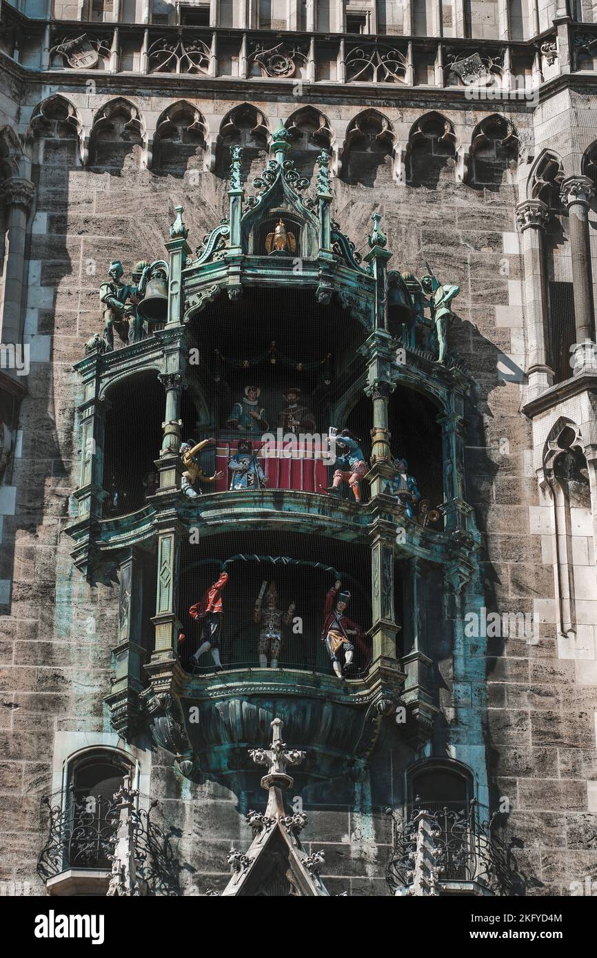 A vertical of the historical RathausGlockenspiel clock building in