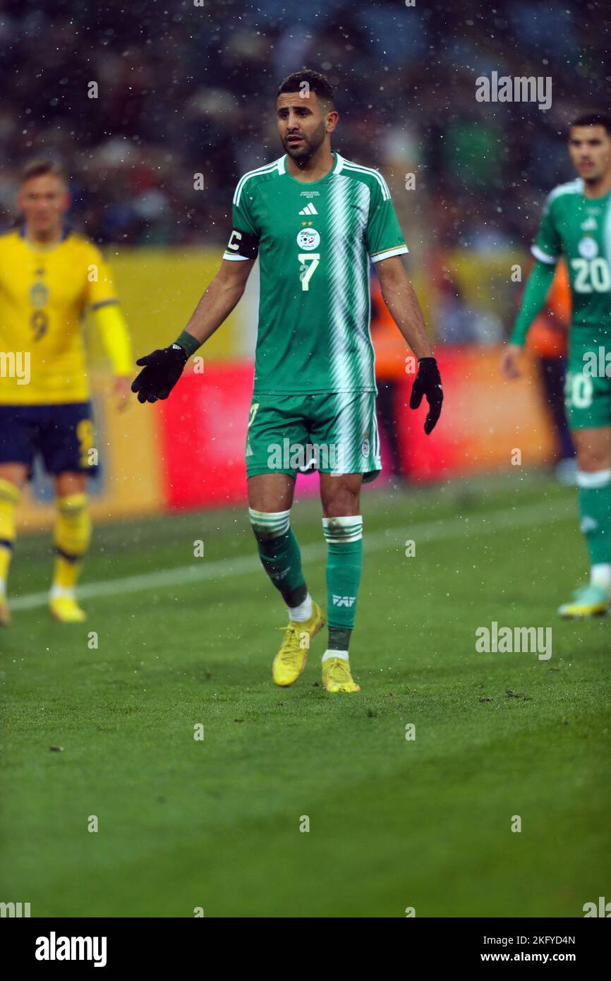 19th November 2022; Eleda Stadion, Malmo, Sweden, International Football Friendly Sweden versus Algeria; Algerian midfielder Riyad Mahrez (7) asks for the ball. Stock Photo