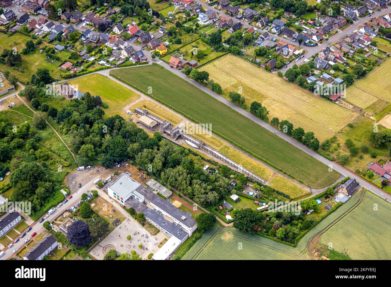 Aerial view, Roman camp Aliso open air museum, Silverberg school, Haltern town, Haltern am See, Ruhr area, North Rhine-Westphalia, Germany, Education, Stock Photo