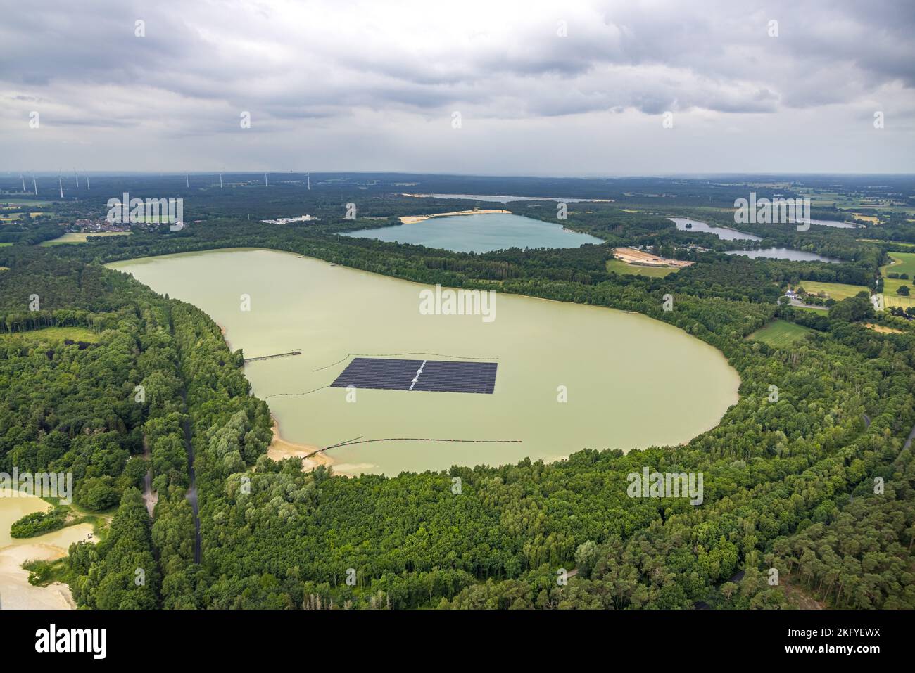 Aerial view, solar plant in Silver Lake III, floating photovoltaic plant, Lehmbraken, Haltern am See, Ruhr area, North Rhine-Westphalia, Germany, DE, Stock Photo