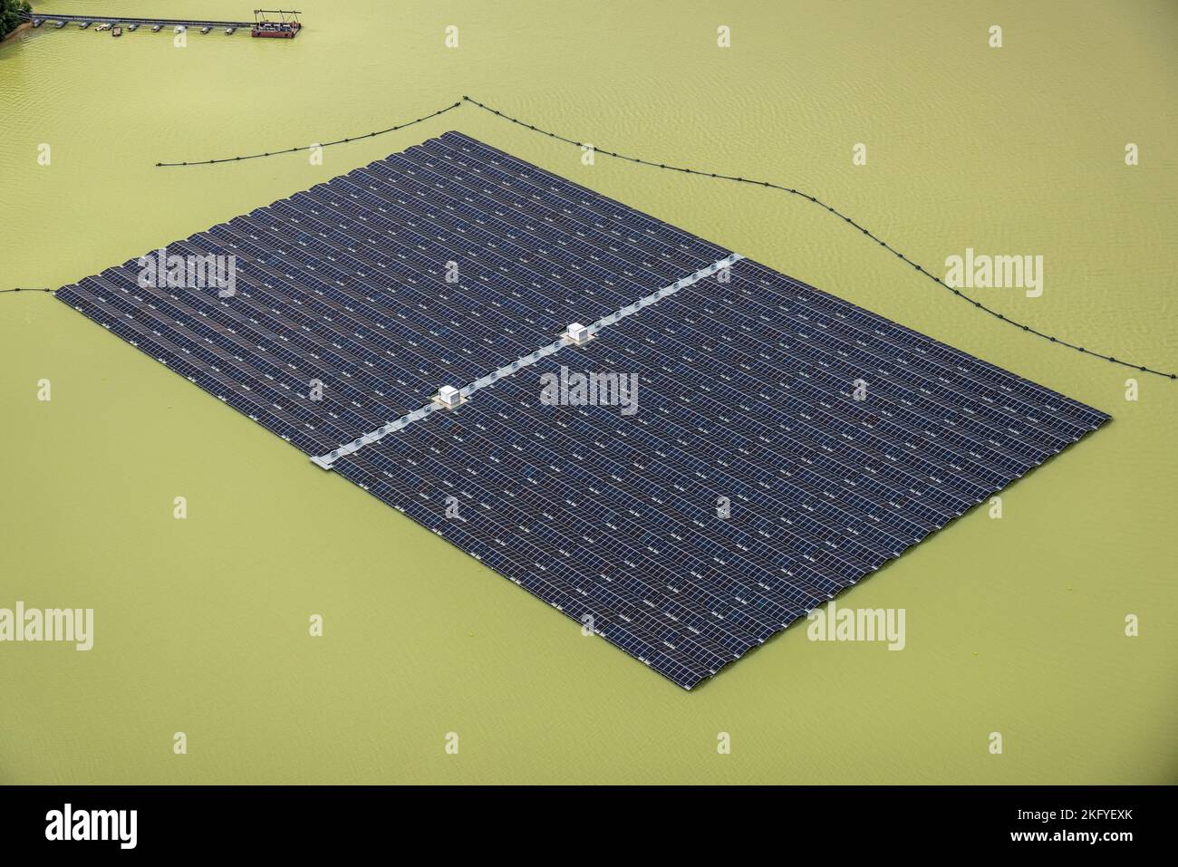 Aerial view, solar plant in Silver Lake III, floating photovoltaic plant, Lehmbraken, Haltern am See, Ruhr area, North Rhine-Westphalia, Germany, DE, Stock Photo