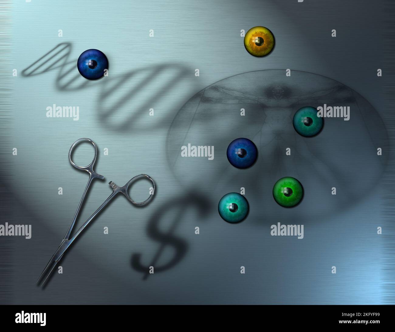 medicine. DNA strand and colorful eye balls. 3D rendering Stock